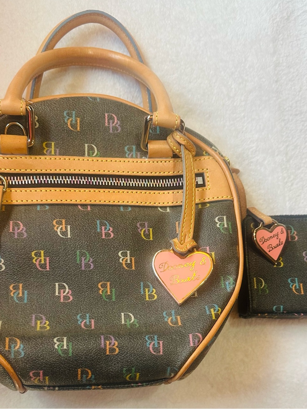 Vintage Dooney & Bourke Black Multicolor DB Logo Mini Satchel with Tan Trim - Picture 2 of 16
